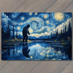 Art Print Bigfoot Under Starry Sky Majestic Night Scene Lake Forest Mountains