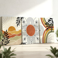 3 Pieces Abstract Sun Leaf Earth Tones Geometric Patterns Large Wall Art Decor