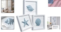 Charming Framed Set of 3 Coastal 3D Wall Art – Blue Seashells & Starfish, 7″x7″