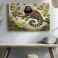 Whimsical Small Monkey on Branch with Detailed Foliage House Wall Art Print