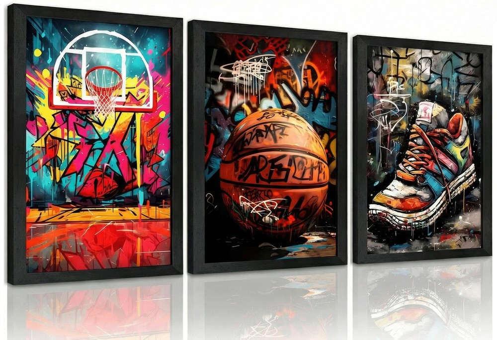Framed 3pcs Basketball Graffiti Canvas Wall Art Basketball Court Sneakers Pic…