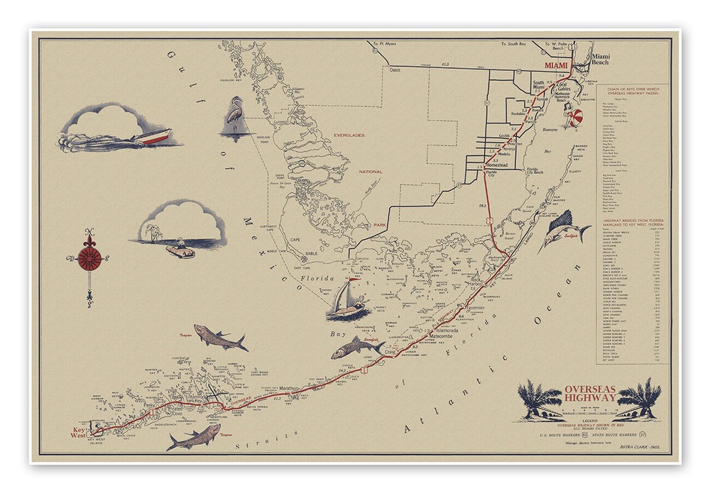 Mid-Century Miami to Key West Florida Overseas Highway Fishing Map circa 1952