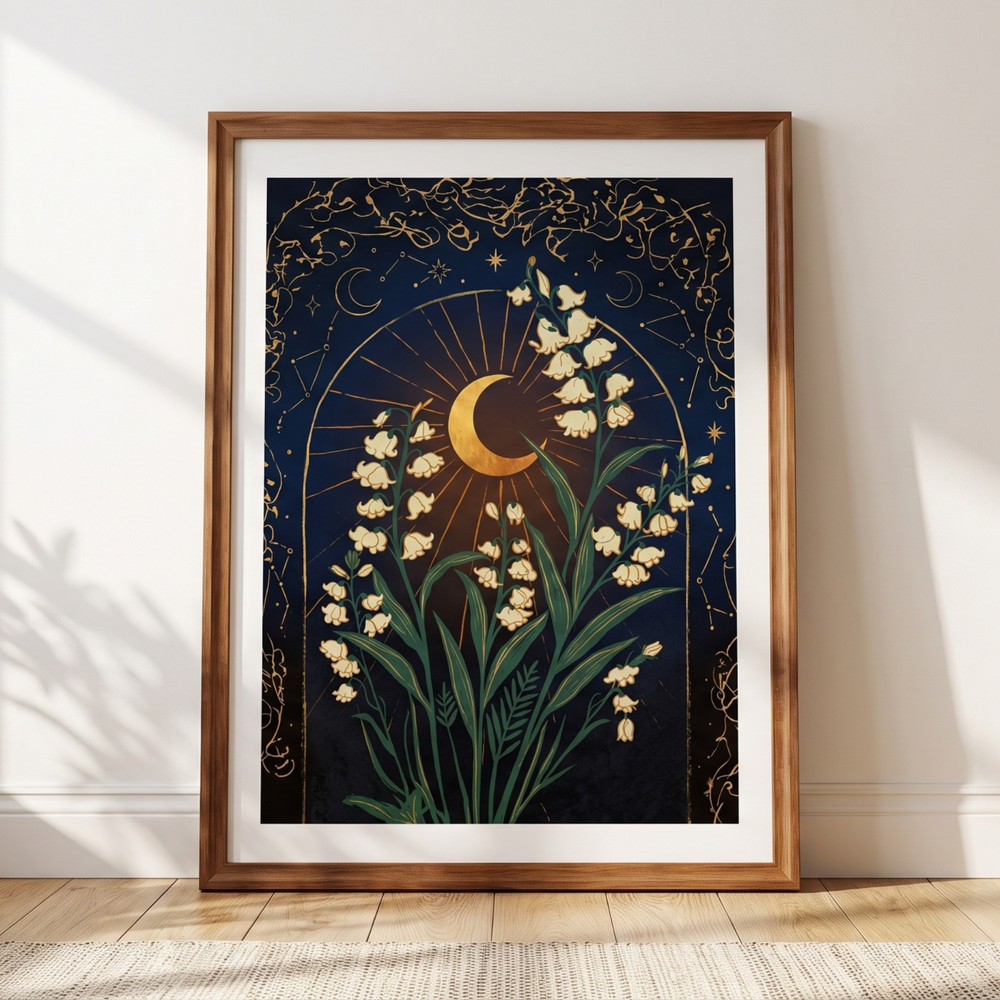 Lily of the Valley Poster Celestial Gold Moon Star Floral Vintage Art Print Dark