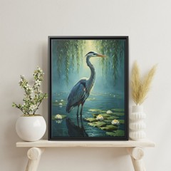 Great Blue Heron and Lotus Wall Art, Coastal Lake House Decor, Serene Wildlife