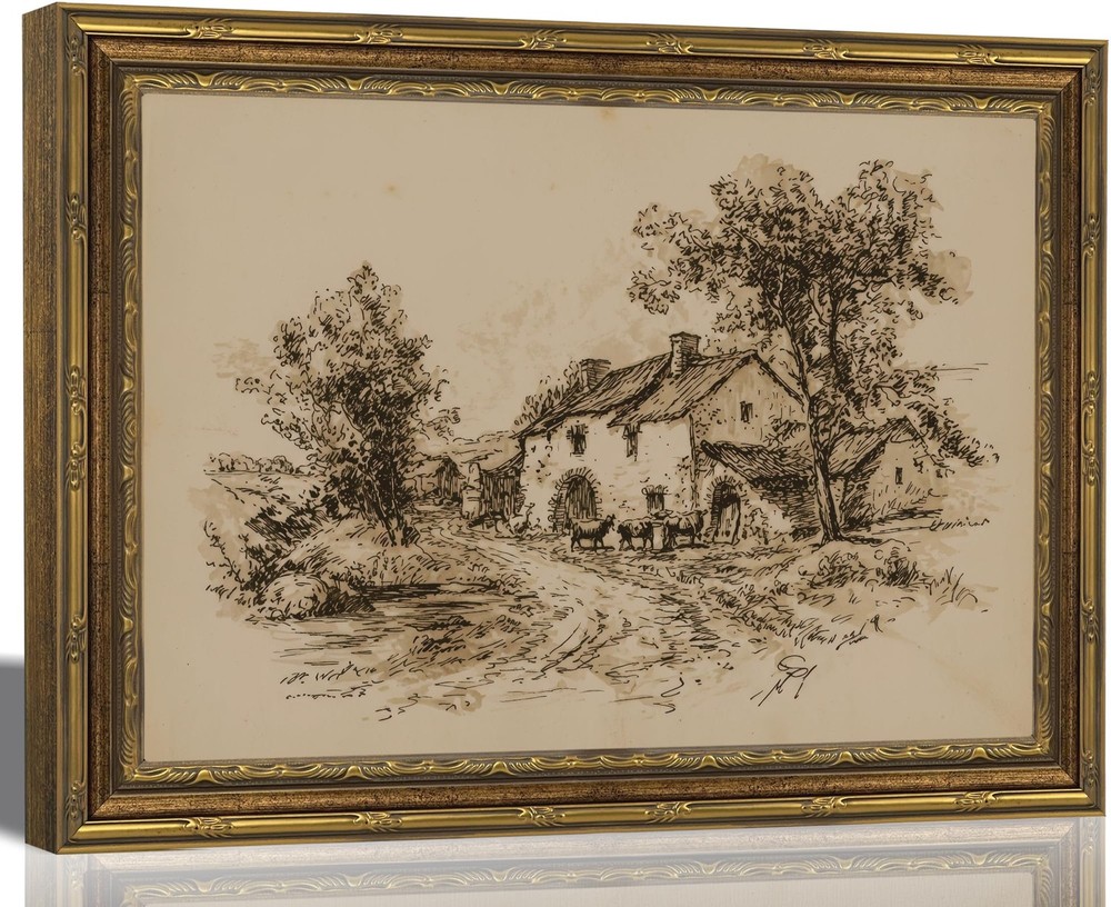 Vintage Gold Framed Sketch Cottage Canvas Wall Art,Retro Farmhouse Painting P…