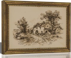Vintage Gold Framed Sketch Cottage Canvas Wall Art,Retro Farmhouse Painting P…