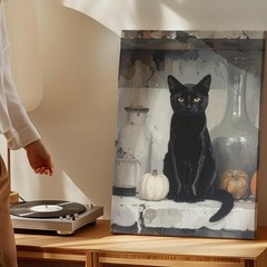 Wall Art Mystical Black Cat Still Life Canvas Witchcraft-Inspired Gray Toned Art