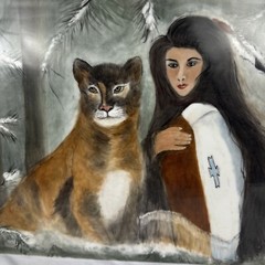 SIGNED Native American Girl And Lion Nature Painting On Ceramic Tile 16×12 in