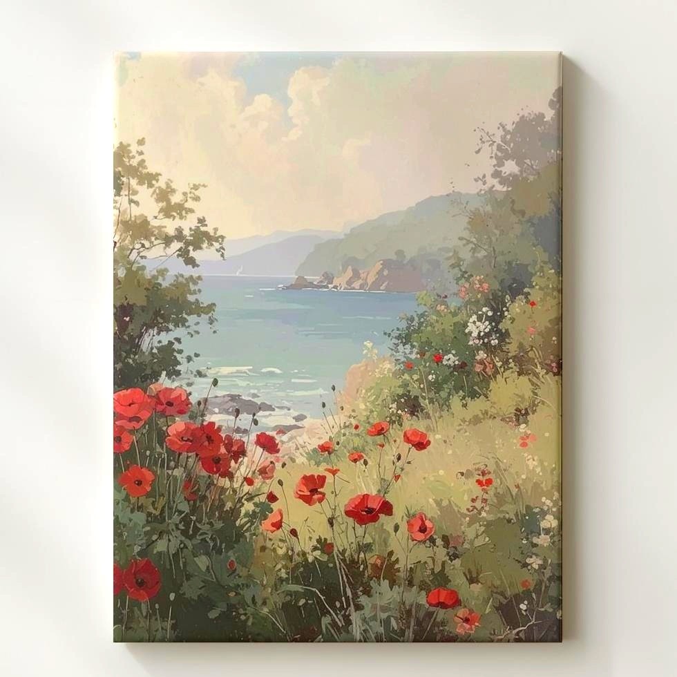 Coastal Poppy Landscape Canvasserene Ocean View With Vibrant Red Flowers Wall