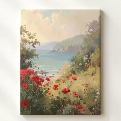 Coastal Poppy Landscape Canvasserene Ocean View With Vibrant Red Flowers Wall