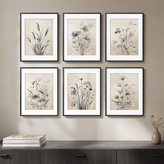 Framed Boho Vintage Botanical Wall Art, Set of 6 Black and White Floral Canvas P