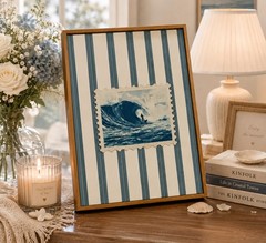 Framed Vintage Surf Wave Wall Art,Trendy Coastal Wall Decor,Blue and White St…