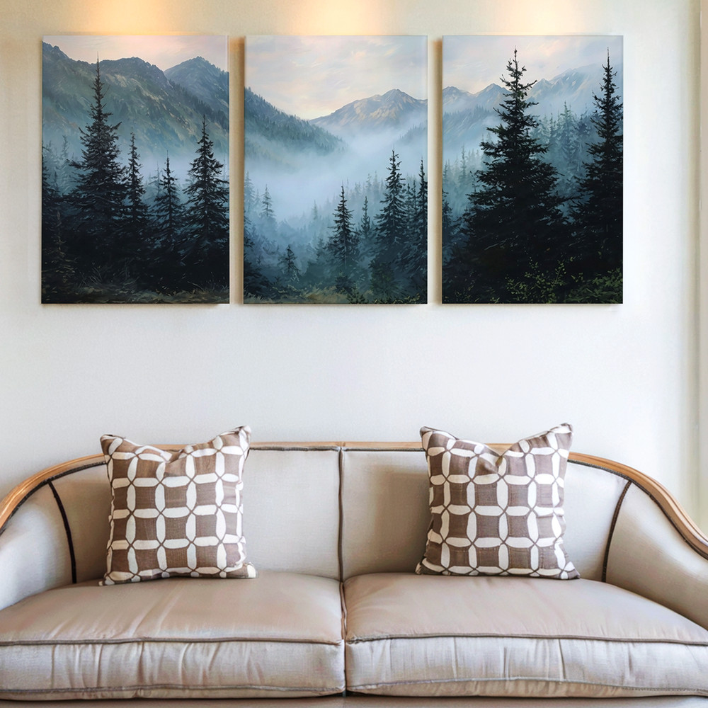 3 Pieces Misty Mountain Forest Large Wall Art Set for Living Room Set Of 3