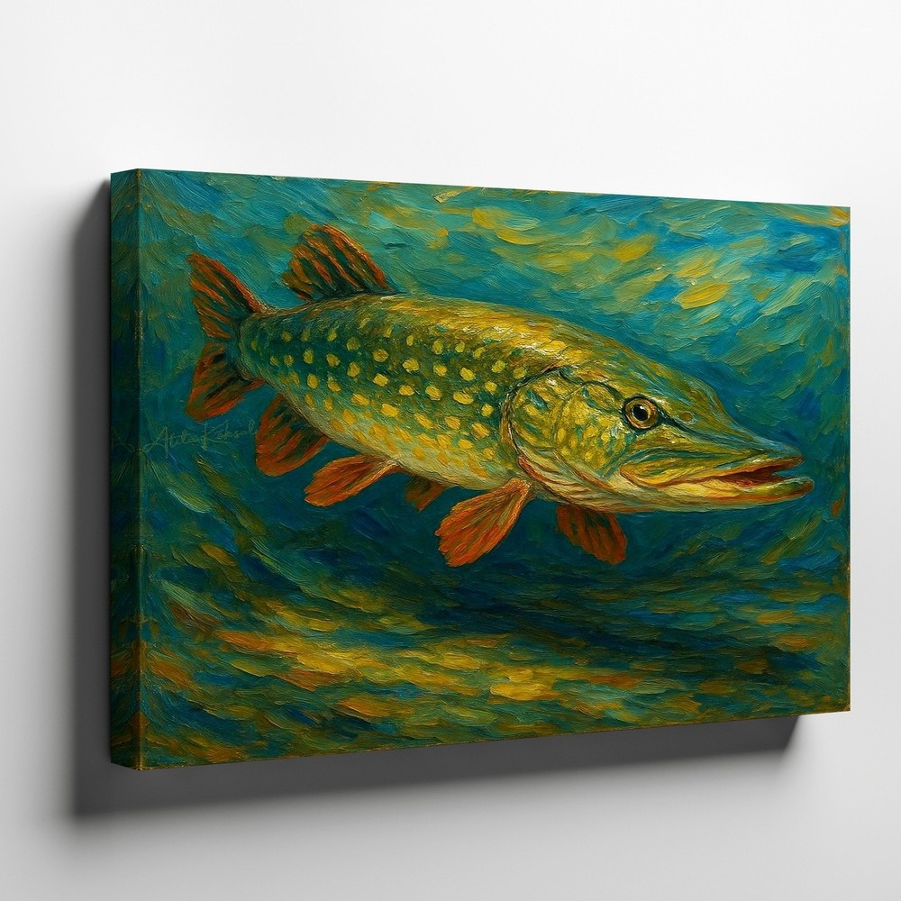 Large Northern Pike Fish Canvas Wall Art Rustic Fishing Lake House Decor Print