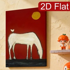 White Horse with Red Background and Bird Canvas Wall Art, Abstract Folk Decor