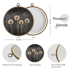 Vintage Dandelion Floral Framed Wall Art Decor, Rustic Cottagecore Round Wall…