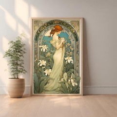 Art Nouveau Woman Lily Flowers Print, Alphonse Mucha Style, Vintage Wall Art