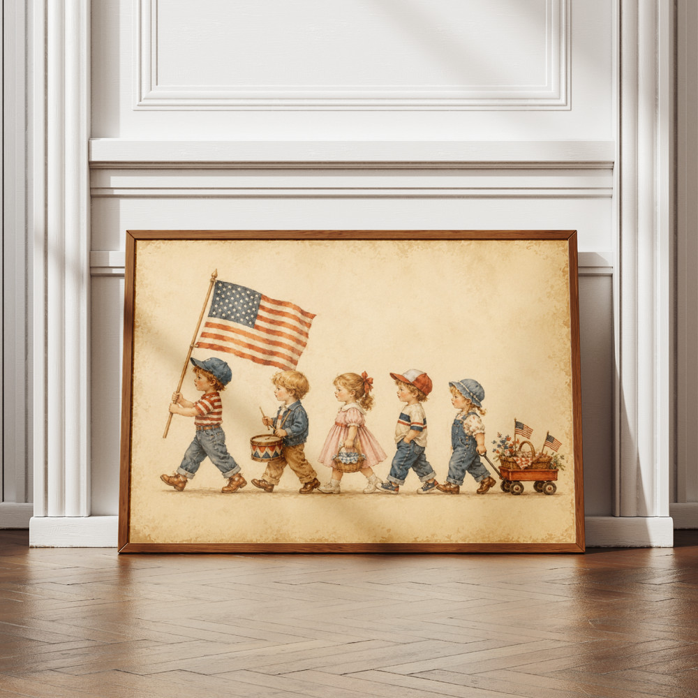 Vintage 4th of July Poster Patriotic Kids Parade US Flag Wall Art Print Decor