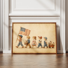Vintage 4th of July Poster Patriotic Kids Parade US Flag Wall Art Print Decor