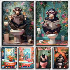 Funny Monkey Toilet Canvas Print, Reading Newspaper, Black Cat Bathroom Wall Art