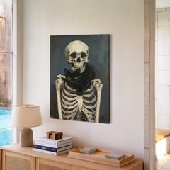 Skeleton With Black Cat Canvas Gothic Companionship & Quiet Halloween Charm Wall