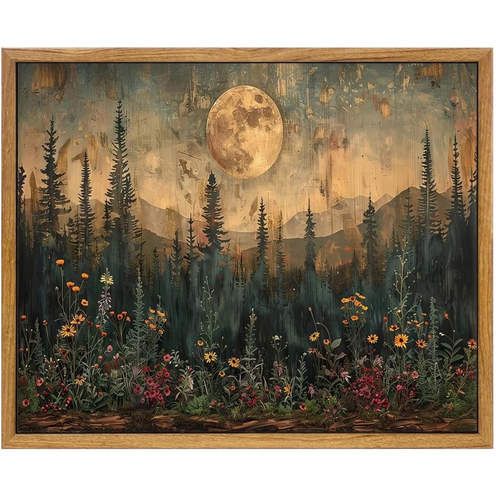 Framed Vintage Forest Moon Canvas Art – Nature-Inspired 12×16 Wall Decor