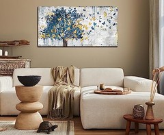 Large Canvas Wall Art – Blue Tree & Golden Butterflies, Abstract Grey Graffiti,