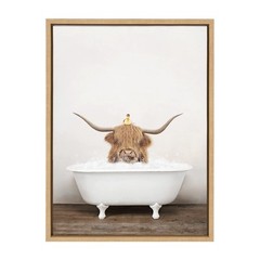 Sylvie Highland Cow and Duckling in Rustic Bath Framed Canvas Wall Art by Amy…