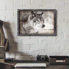 Wolf Framed Wall Art Decor: Modern Wild Animal Wooden Painting Rustic Natural…