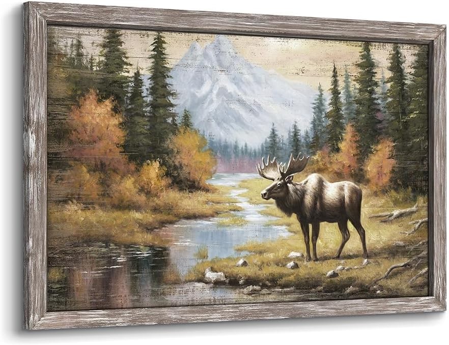Wildlife Painting Framed Wall Art: Majestic Moose in Forest Picture Rustic Wild