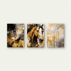 3pcs Abstract Golden Horse Painting Ochre Grey Wall Art Canvas Unframed/Framed