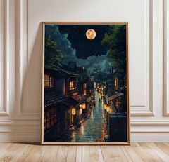 Tokyo Night Street Poster – Rainy Japanese Cityscape Full Moon Wall Art