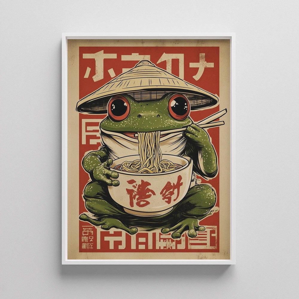 Retro Frog Ramen Poster, Funny Japanese Food Print, Cute Kitchen Wall Art Decor