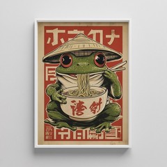 Retro Frog Ramen Poster, Funny Japanese Food Print, Cute Kitchen Wall Art Decor