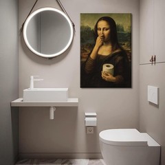 Funny Mona Lisa Bathroom Canvas Wall Art Humor Mona Lisa Pinching Nose Wall D…