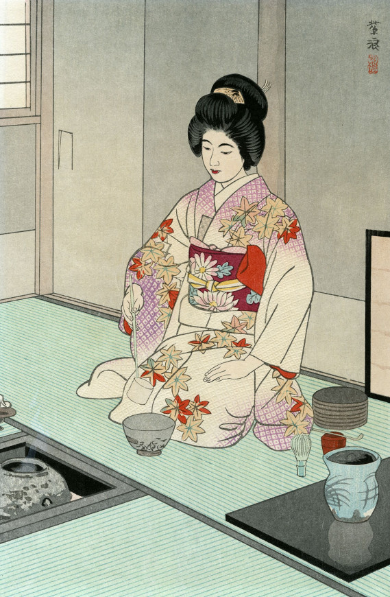 Japanese Art Woodcut Print Shin Hanga, Tea Ceremony KASAMATSU SHIRO