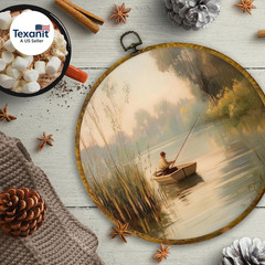 Vintage Fishing round Wall Art, Fisherman in Rowboat Sunset Landscape Framed Han