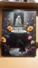 3Pcs Halloween Ghosts Canvas Wall Art Horror Ghost and Black Cat in Bathroom