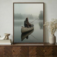 Bigfoot Fishing Lake Wall Art, Sasquatch Canoe Poster, Rustic Cabin Fishing