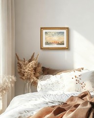 Gold Framed Serene Watercolor Landscape Sunrise, Elegant Coastal Wall Art for…