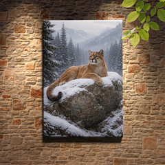 Modern Mountain Lion Portrait Canvas Wall Art with Recycled Wood Frame Print