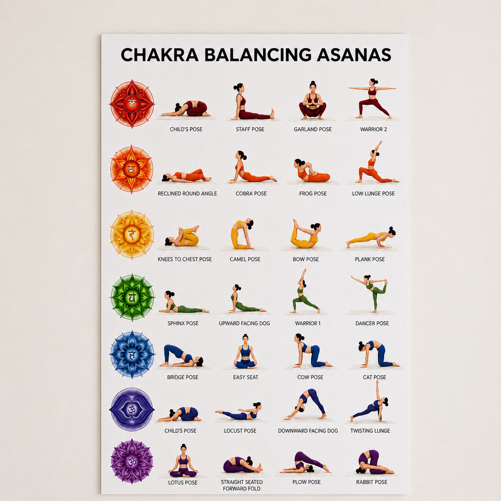 Chakra Balancing Asanas Yoga Guide Poster Wall Art Home Decor | Multiple Sizes