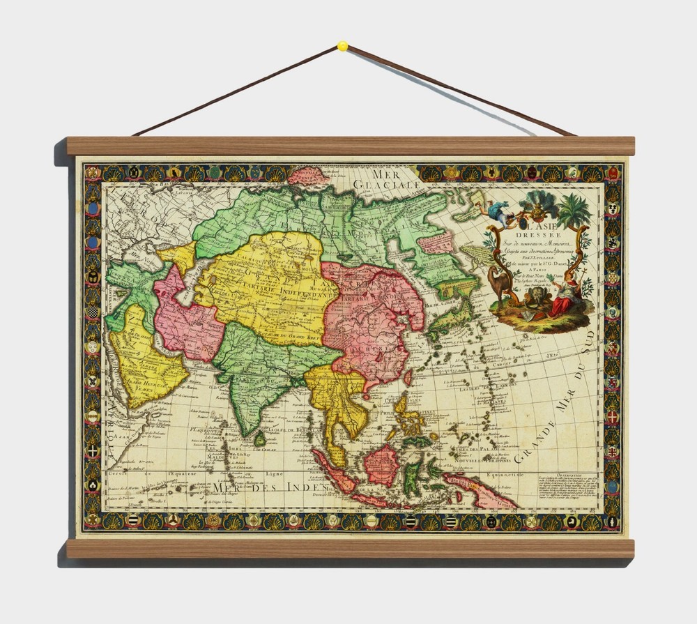 Old 1732 French Decorative Map of Asia 100% Cotton Canvas Magnetic Wooden Hanger