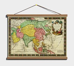 Old 1732 French Decorative Map of Asia 100% Cotton Canvas Magnetic Wooden Hanger