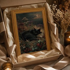 Black Cat Wall Art Decor, Vintage Gold Framed Sleeping Cat Canvas Print, Dark…