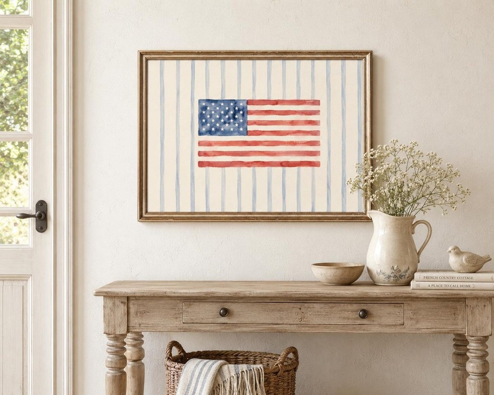 Watercolor American Flag Wall Art, Patriotic USA Print, 4th of July Decor