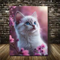 Cute Ragdoll Kitten with Pink Cherry Blossoms Painting Metal Print Ready to Hang