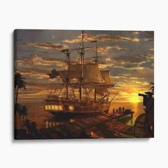 Pirate Ship Setting Sail Into The Sunset Ocean Ships Canvas Print Wall Art