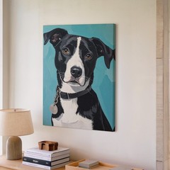 Wall Art Canvas a Painting of a Black and White Dog Set Against a Bright