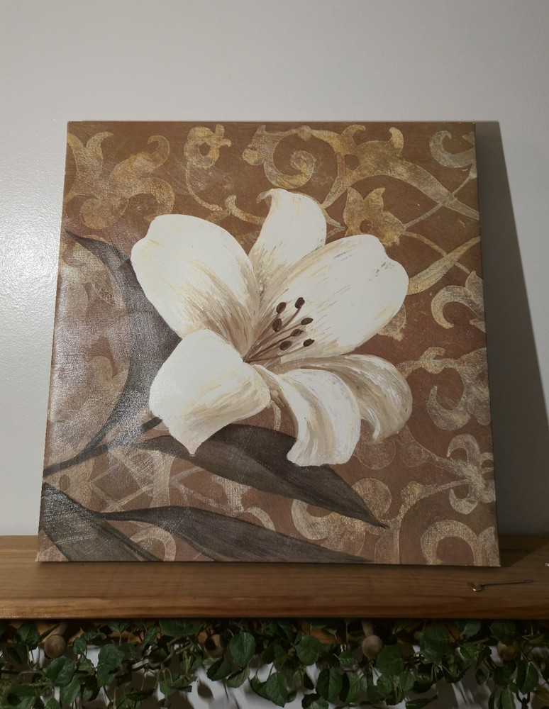 Floral Canvas Wall Art Print White Lily Flower Brown Tan Home Decor Painting
